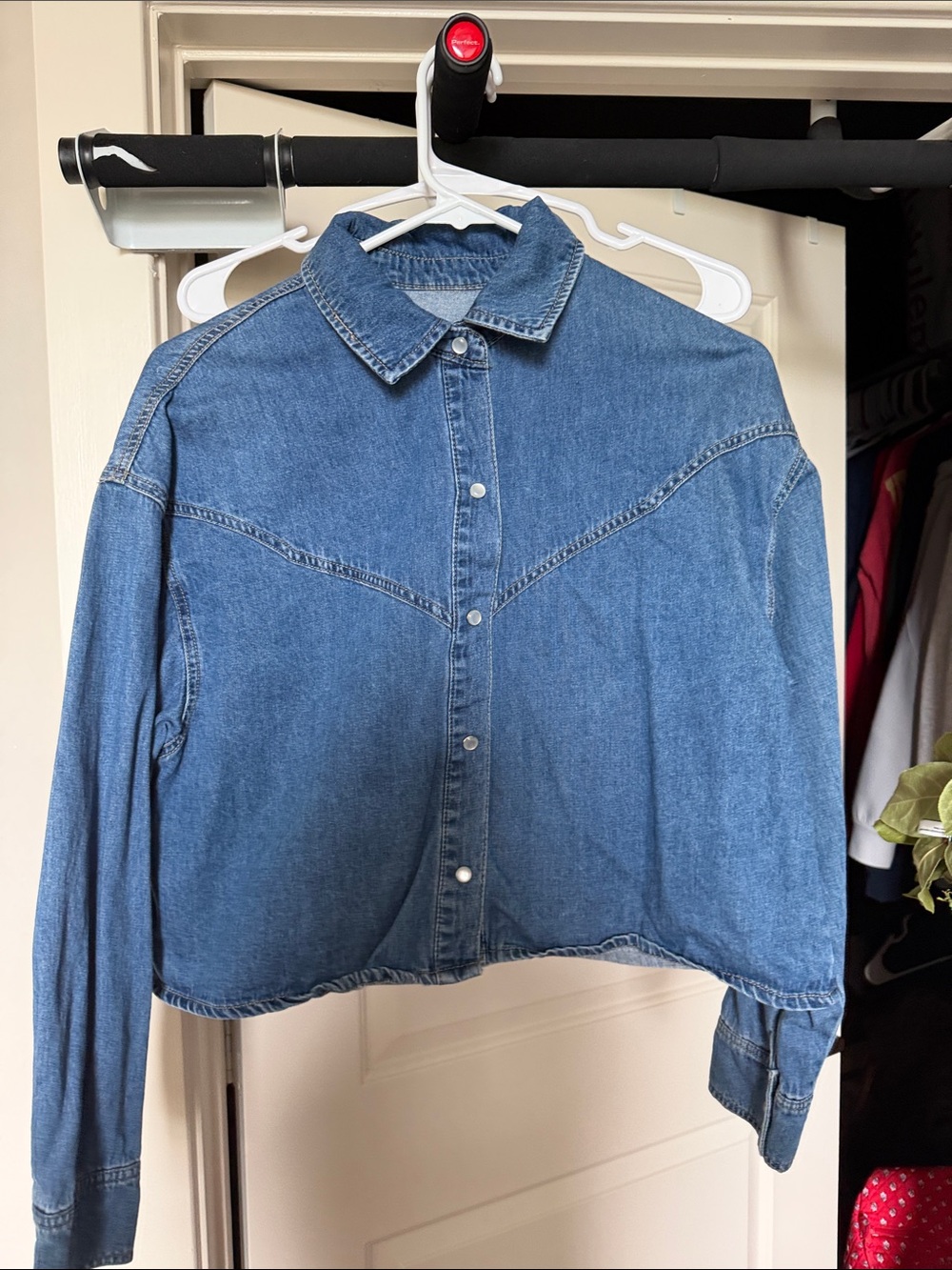 Pearl snap Blue Cropped Denim Button-Up Shirt